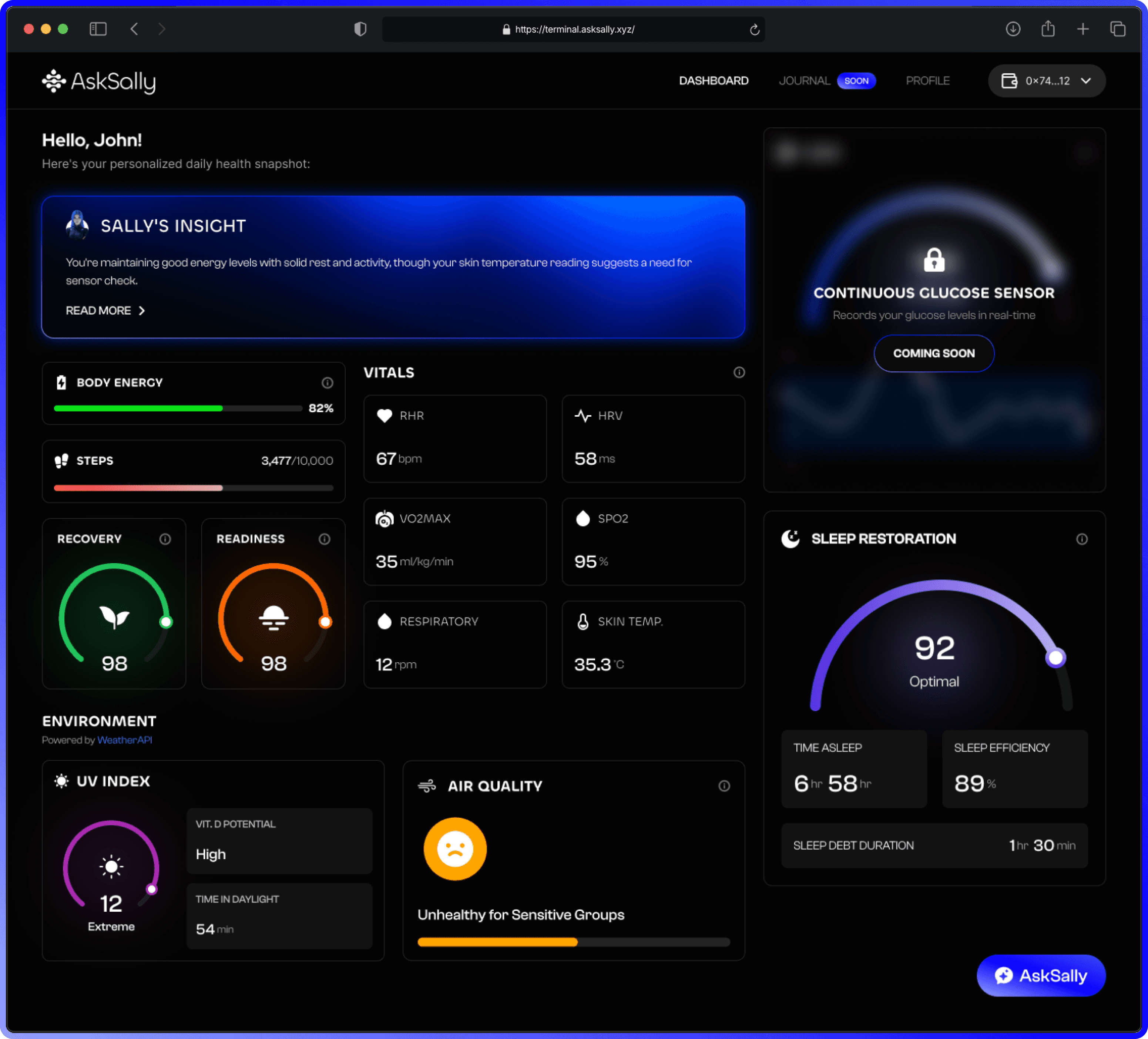 The AskSally dashboard showing body energy, vitals, recovery and sleep restoration scores